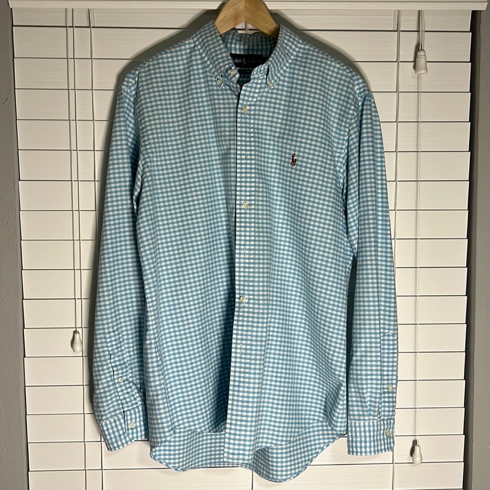 Large Light Blue and White Checked Ralph Lauren Casual Button Down
